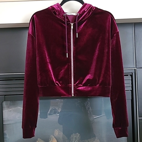 Bluenote Burgundy Velvet Cropped Zipper Hoodie, Size S - Picture 1 of 7